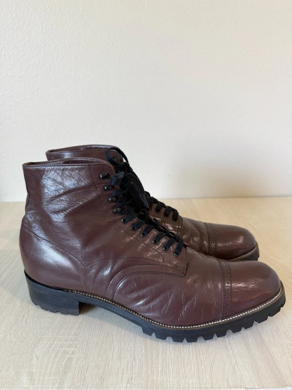 Stacy Adams Men’s Brown Leather Cap Toe Lace Up Ankle Boots Vibram Sole Size 12